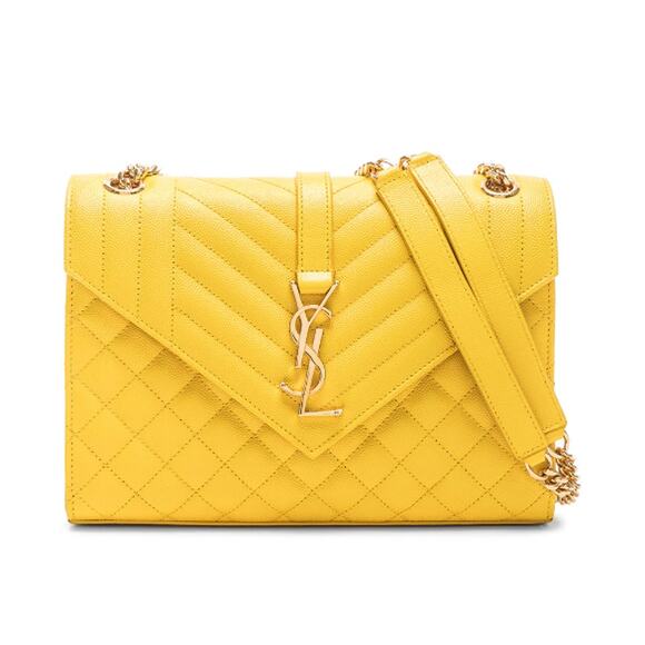 Saint Laurent YSL Medium Envelope Quilted Embossed Yellow Leather Caviar Yves - Picture 1 of 16